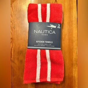 Nautica NWT 3 pack kitchen towels red plaid striped cotton absorbent